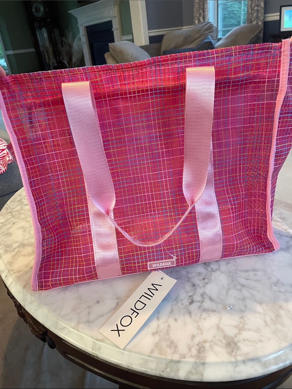 Wildfox Hot Pink Plaid Satin-Handled Tote